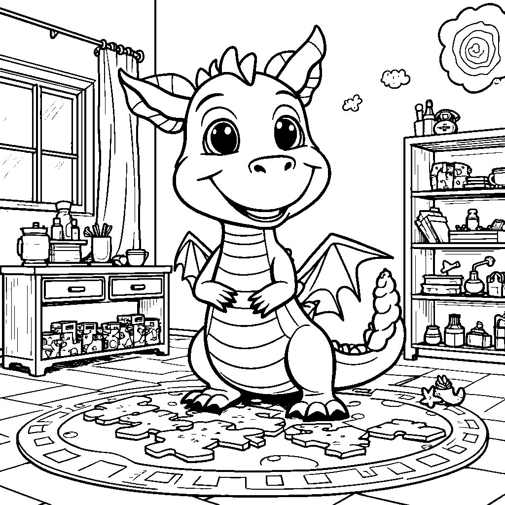 A dragon playing with a giant puzzle in a playroom