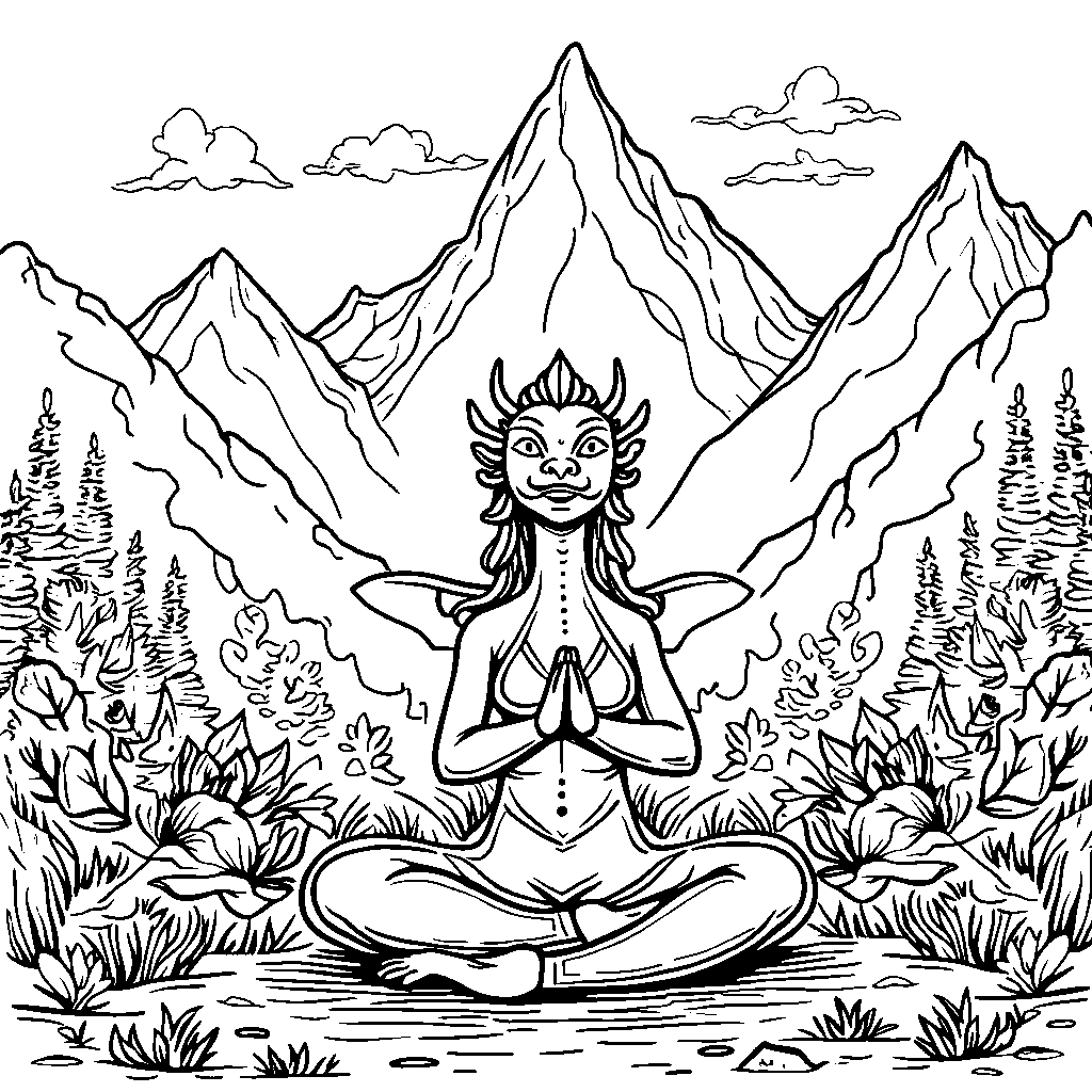 A dragon practicing yoga in a serene mountain landscape