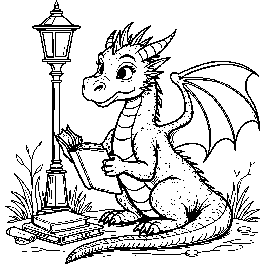 A dragon reading a book under a magical lamp post