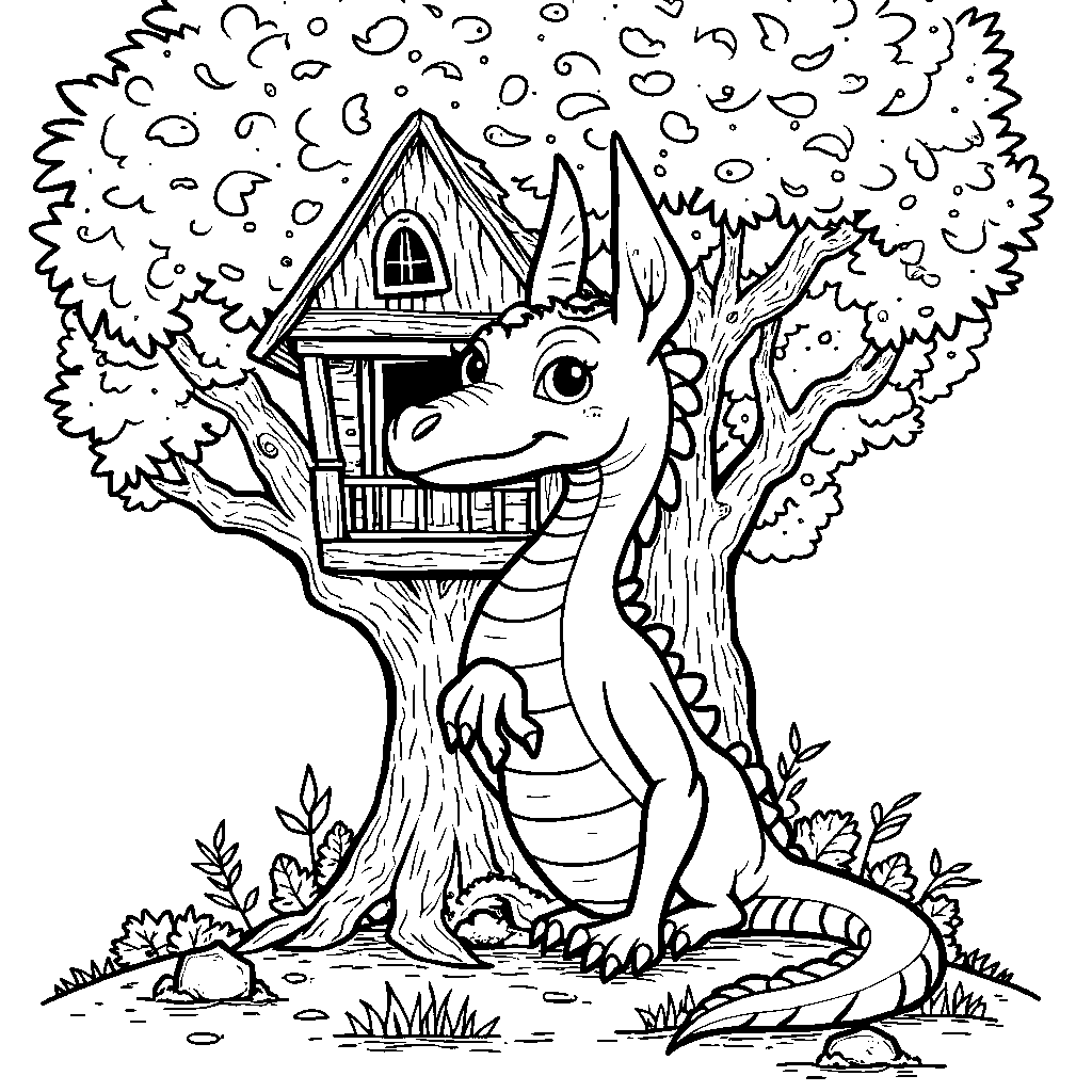 A dragon sitting in a treehouse surrounded by leaves