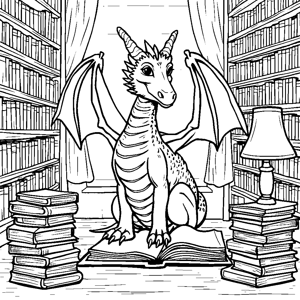 A dragon surrounded by books in a cozy library