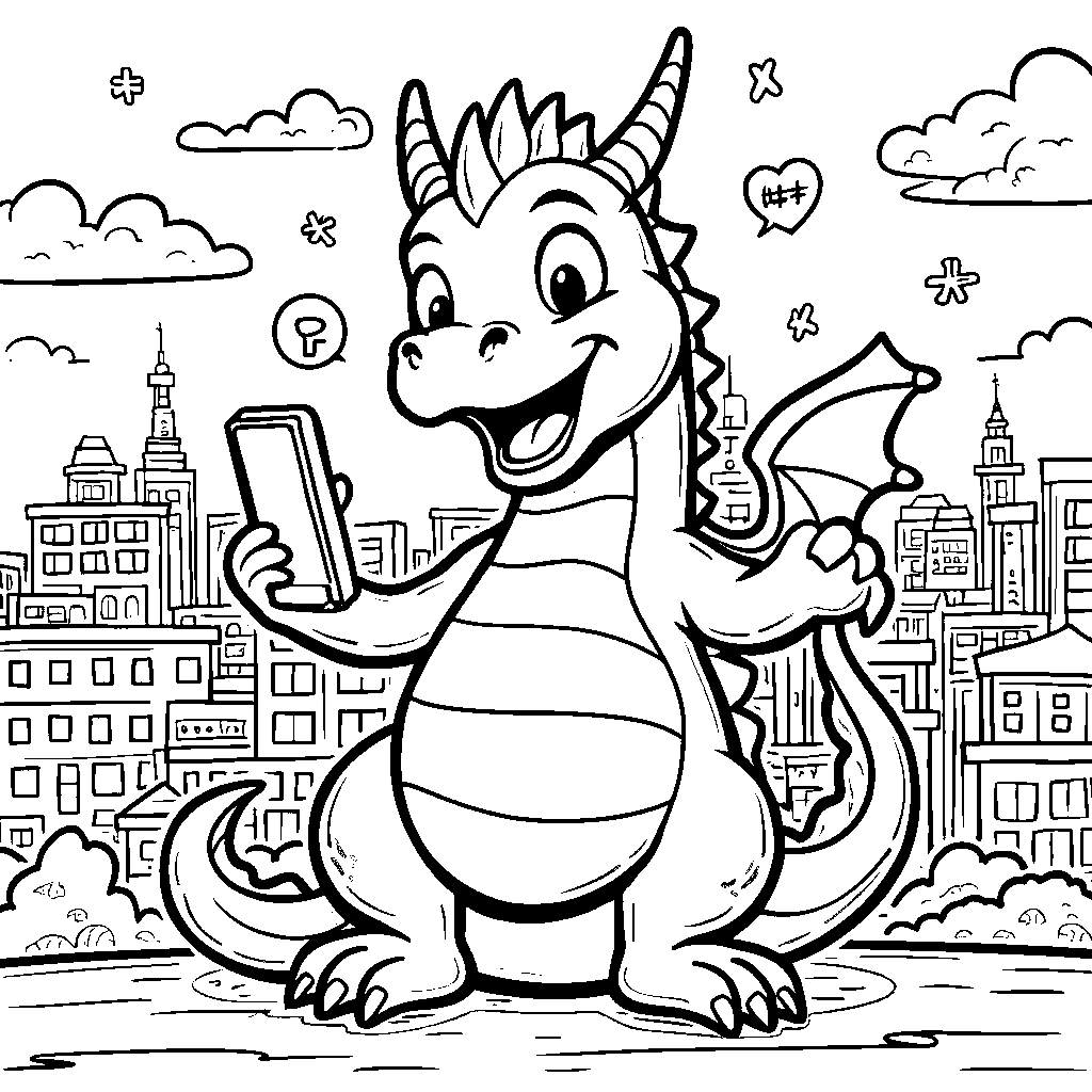 A dragon taking a selfie with a smartphone