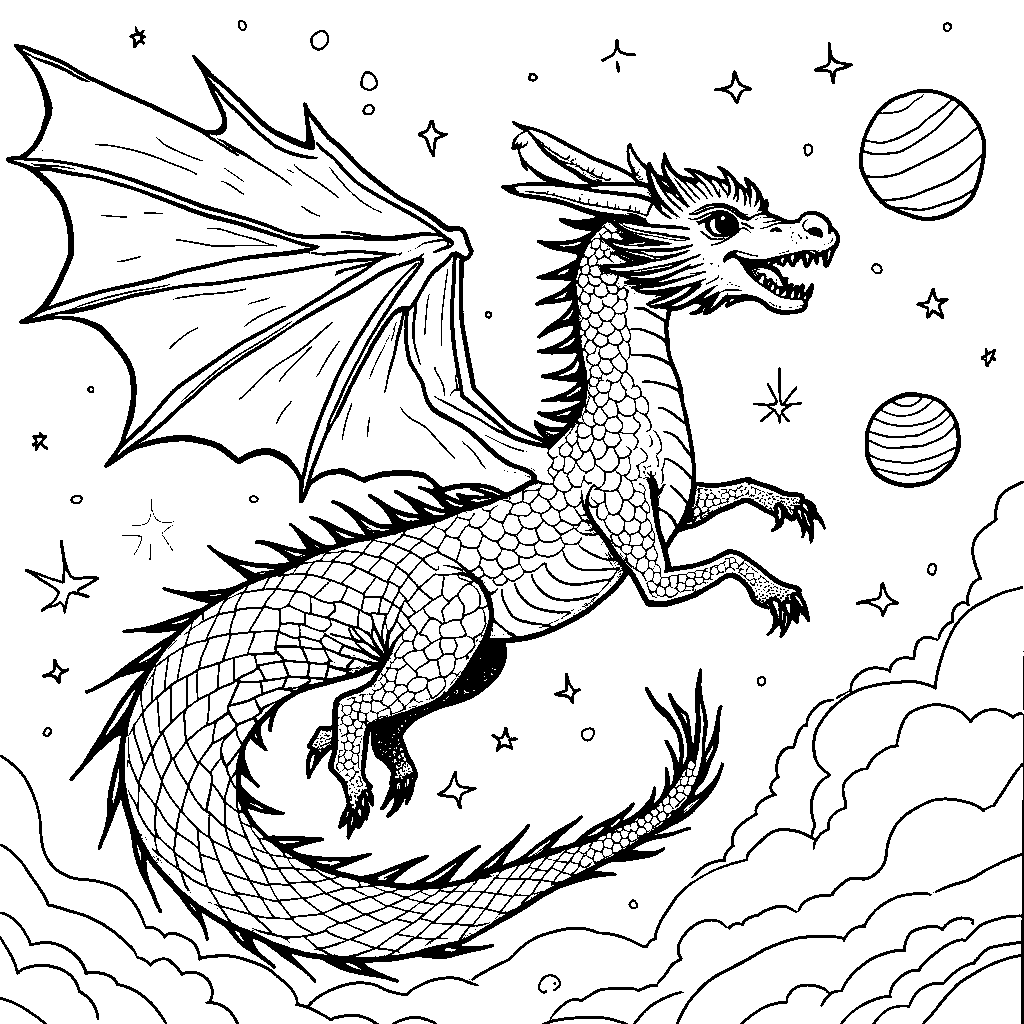 Dragon flying through the cosmos with stars and planets