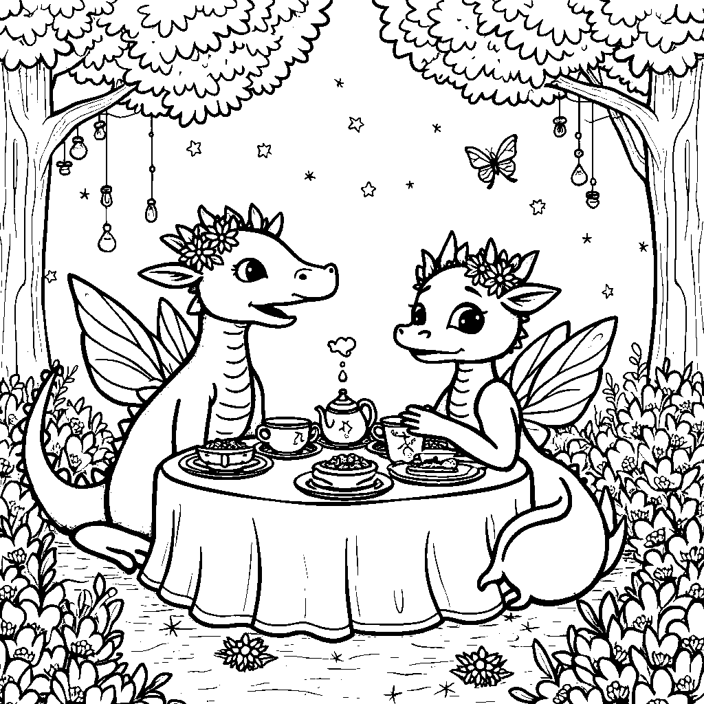 A dragon having a tea party with fairy friends