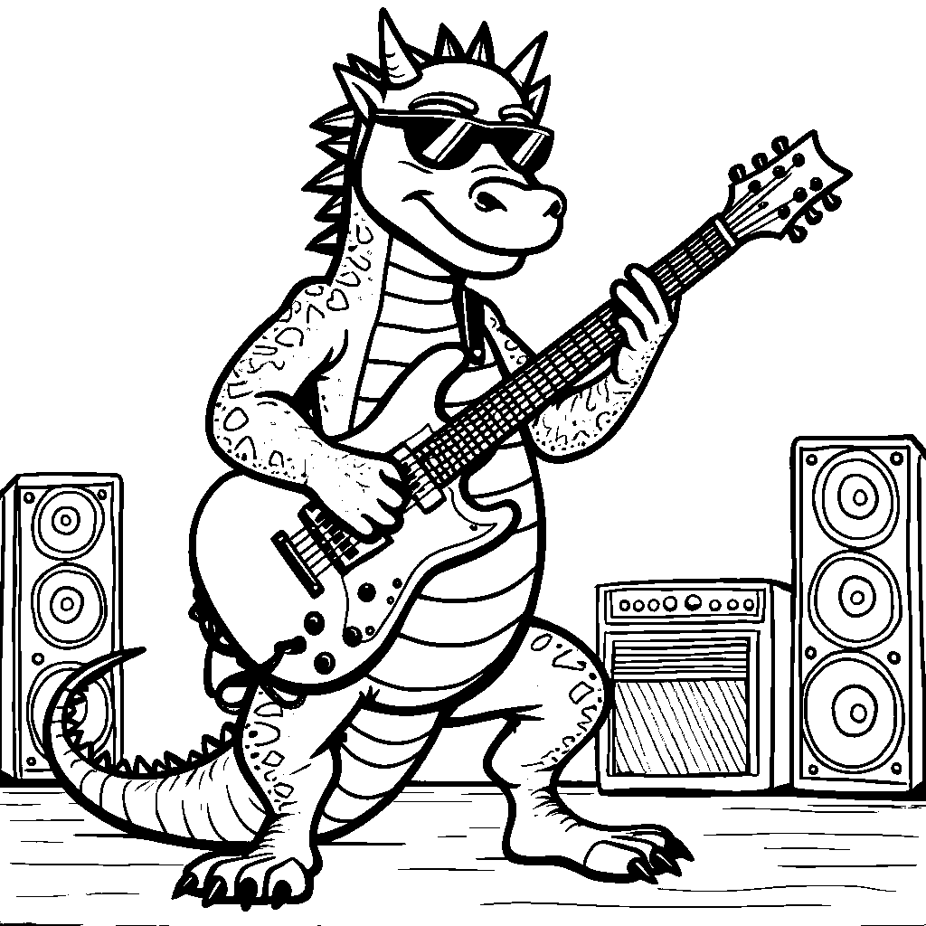 Dragon playing a guitar in a rock band