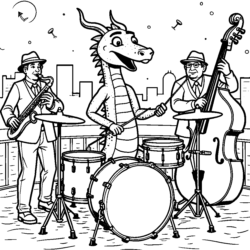 Dragon playing drums in a jazz band