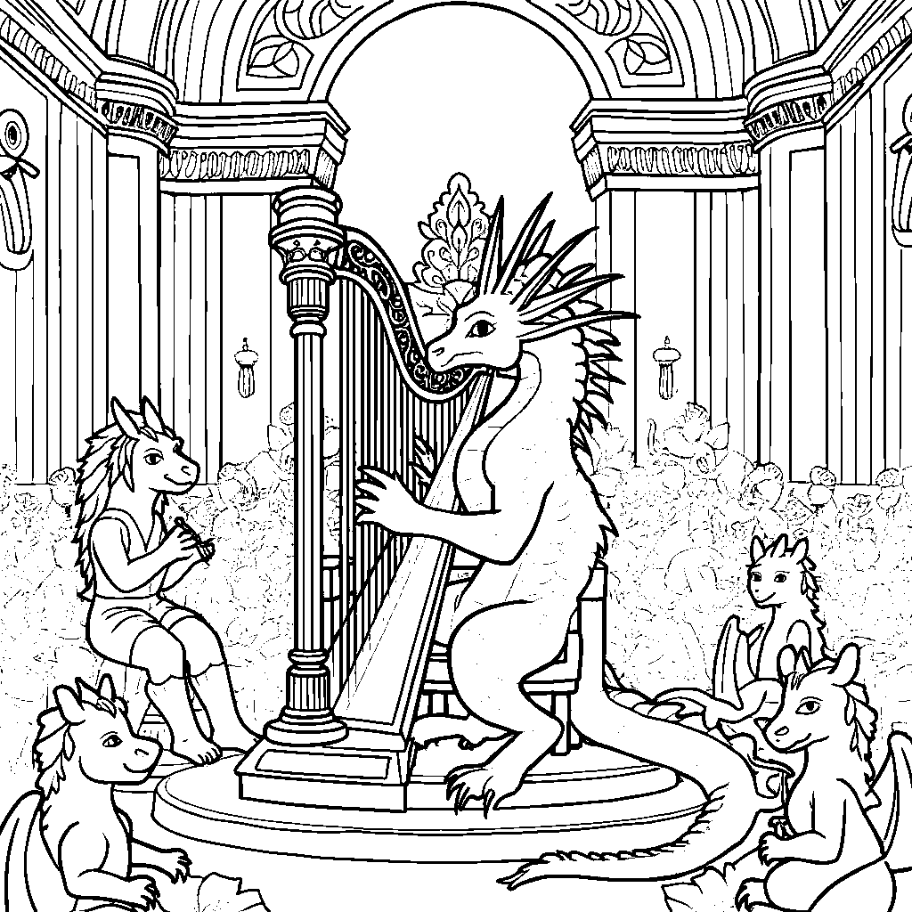 A dragon playing a harp in a mythical orchestra