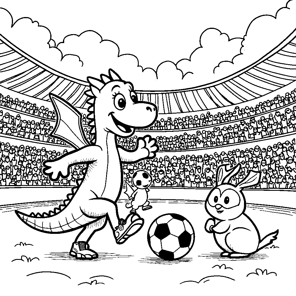 Dragon playing soccer with a team of animal friends