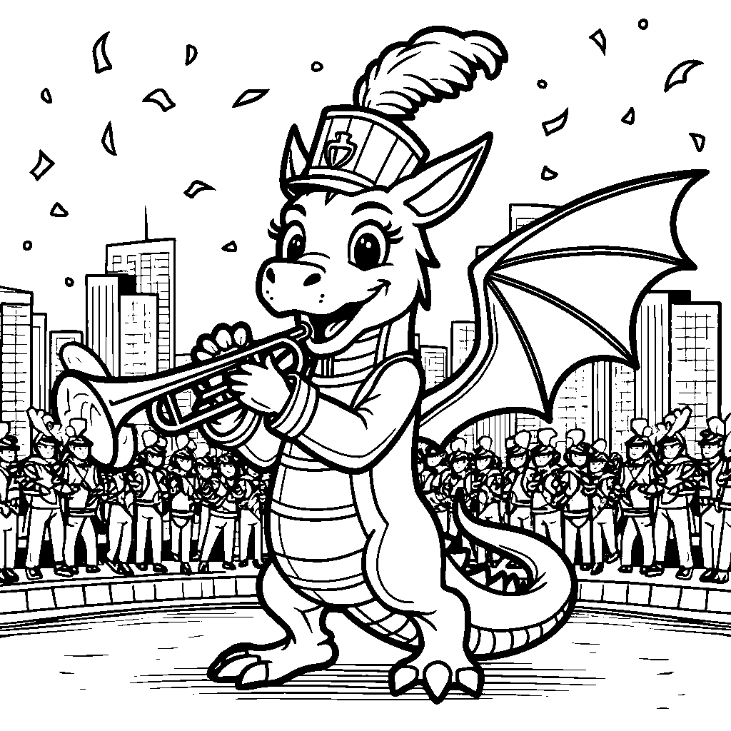 A dragon playing a trumpet in a marching band