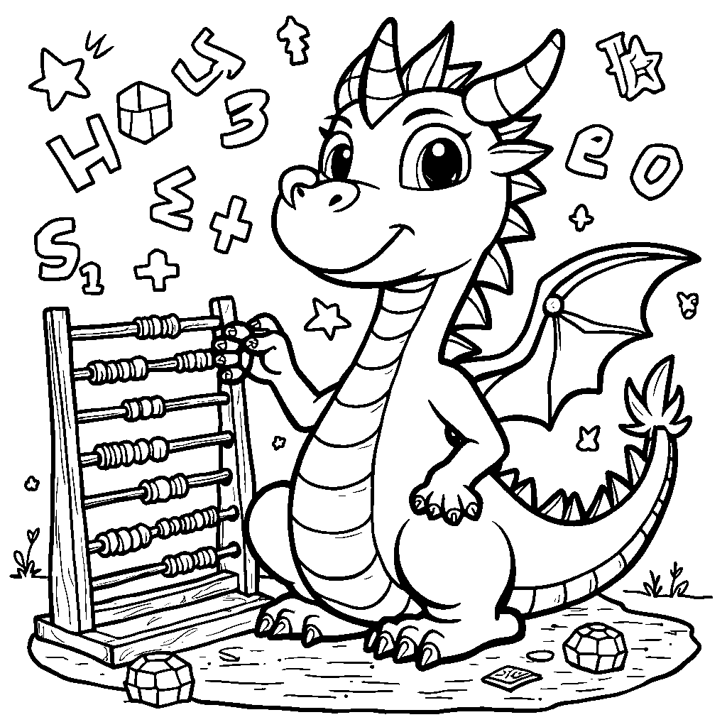 A dragon playing with a giant abacus in a math classroom