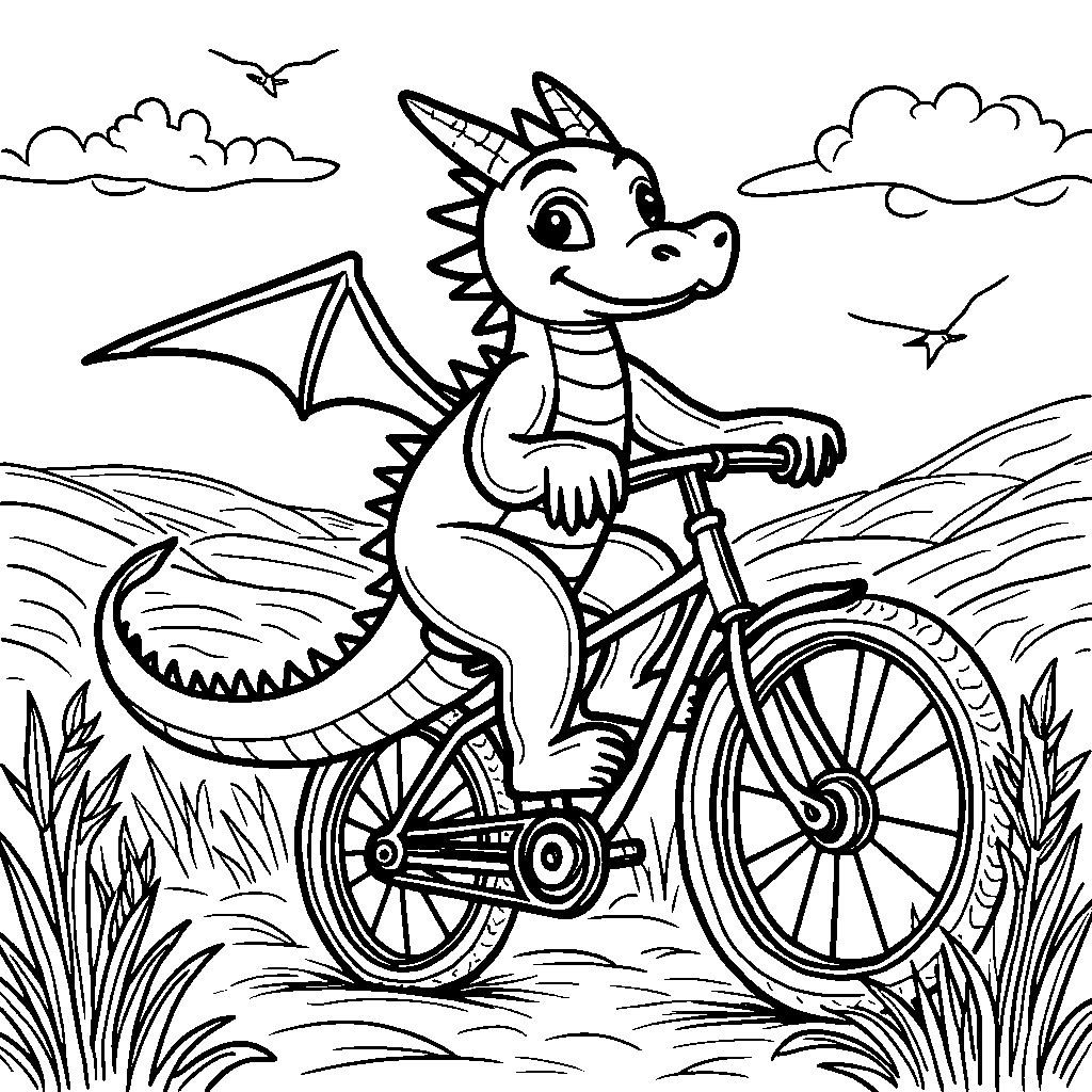 Dragon riding a bicycle through a sunny countryside