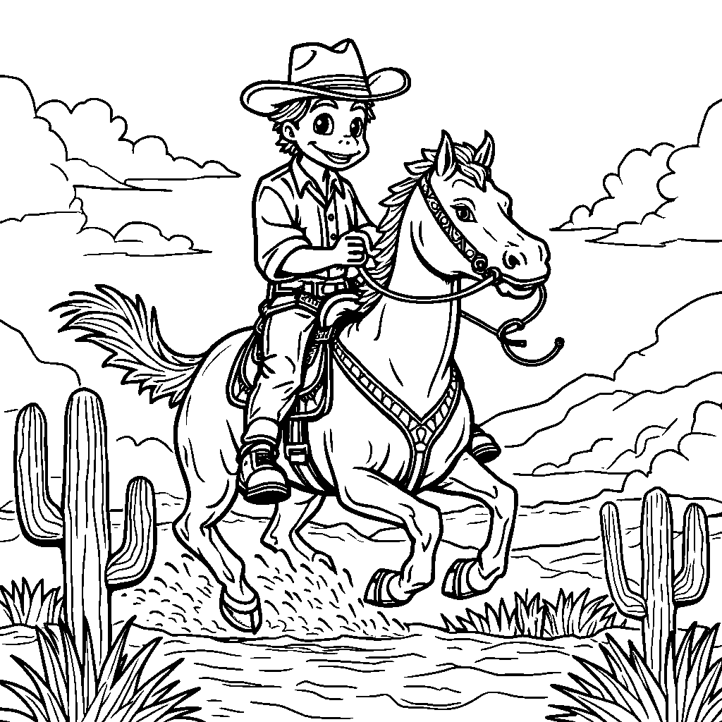 A dragon riding a horse through the Wild West