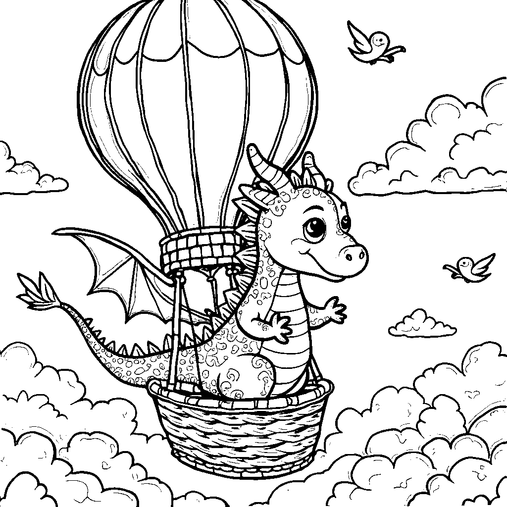 A dragon riding a hot air balloon through the clouds