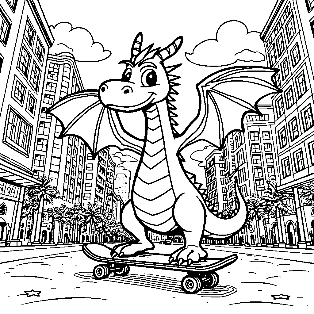 Dragon riding a skateboard through a city street