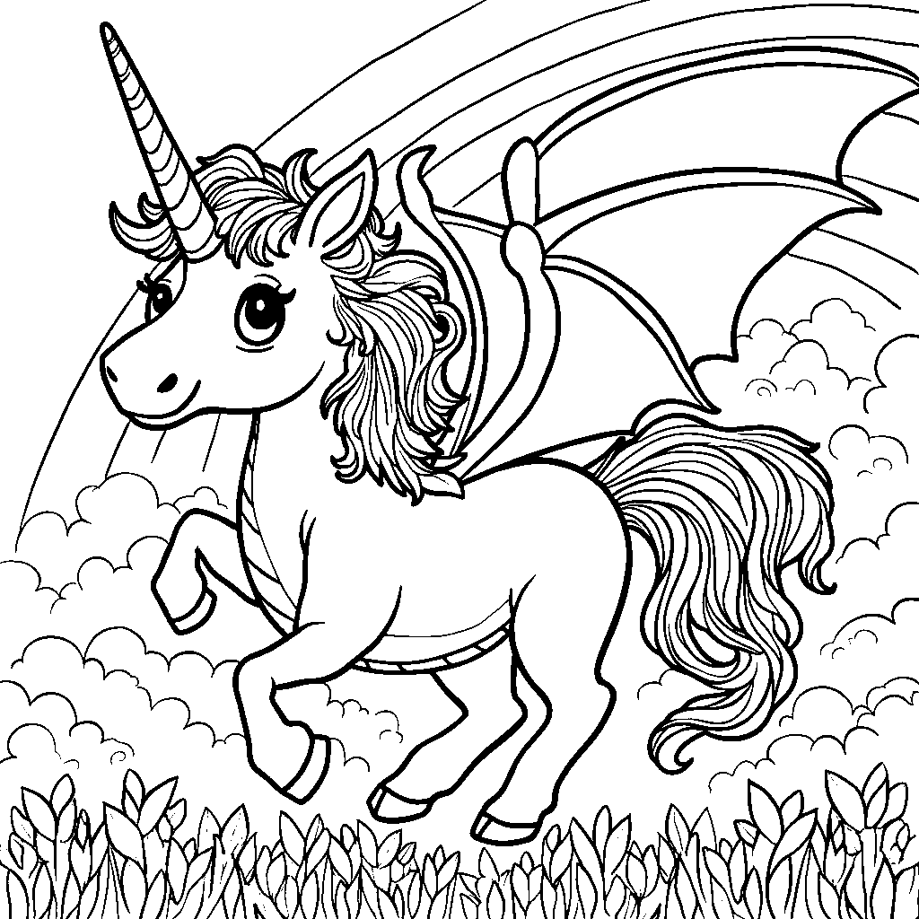 Dragon riding a unicorn through a rainbow-colored sky