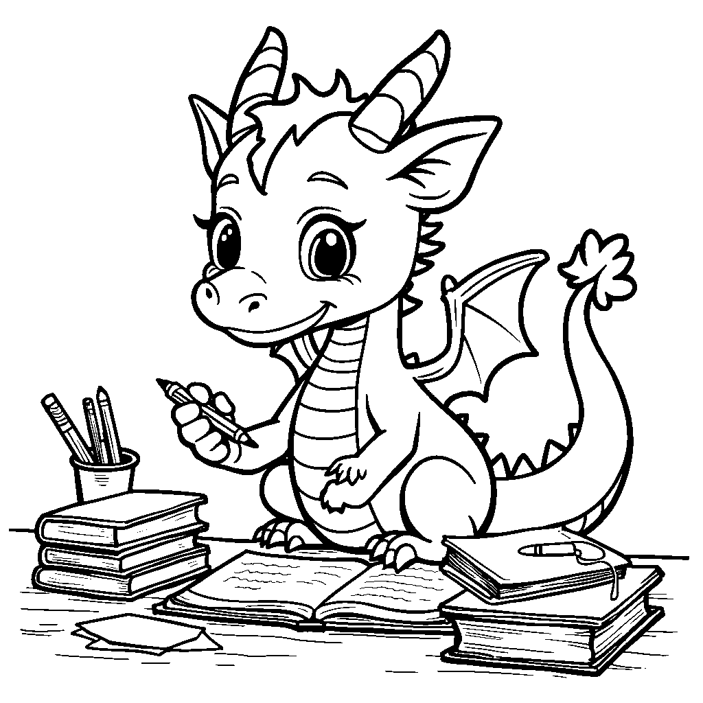 Dragon sitting at a desk doing homework like a student