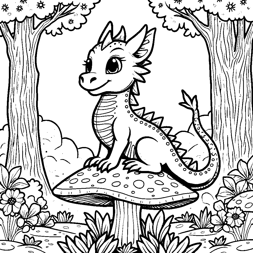 A dragon sitting on a mushroom in a whimsical forest