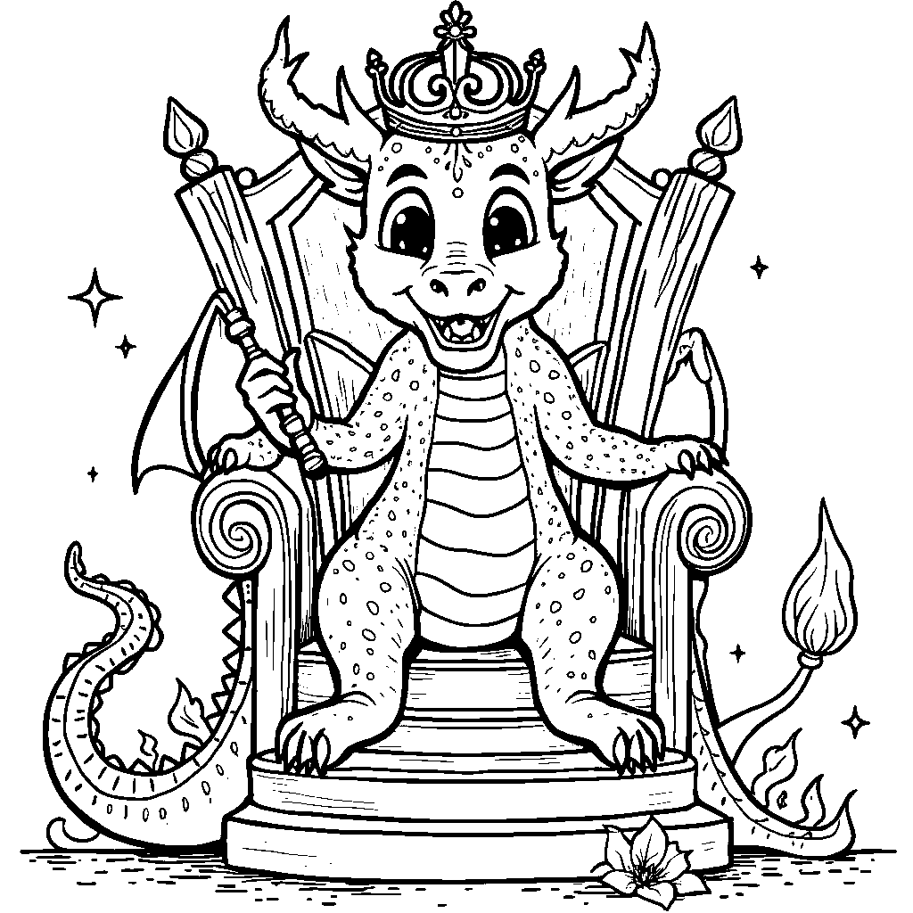 Dragon wearing a crown and holding a scepter like royalty