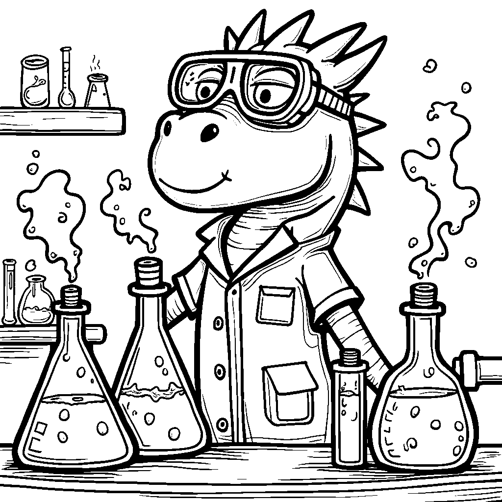 Dragon wearing a lab coat and mixing chemicals in a lab