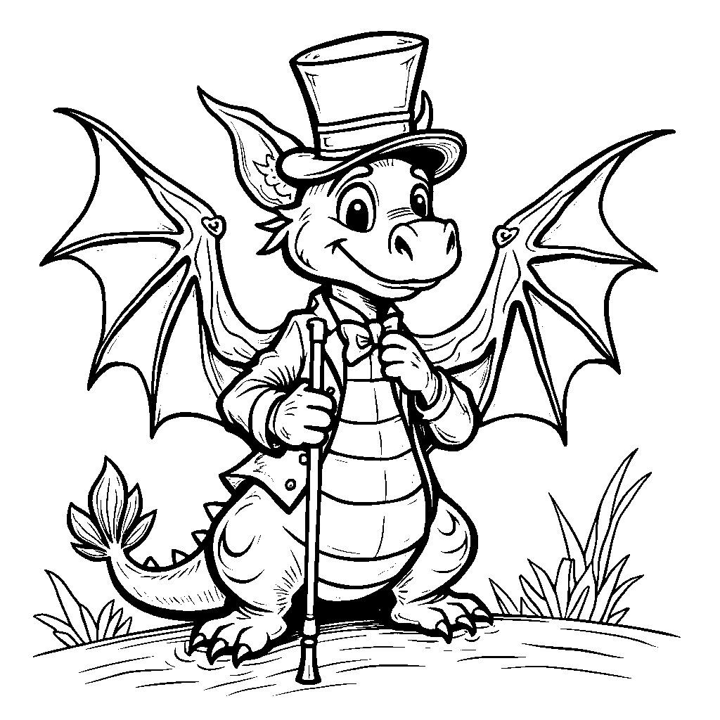 Dragon wearing a top hat and holding a cane like a gentleman