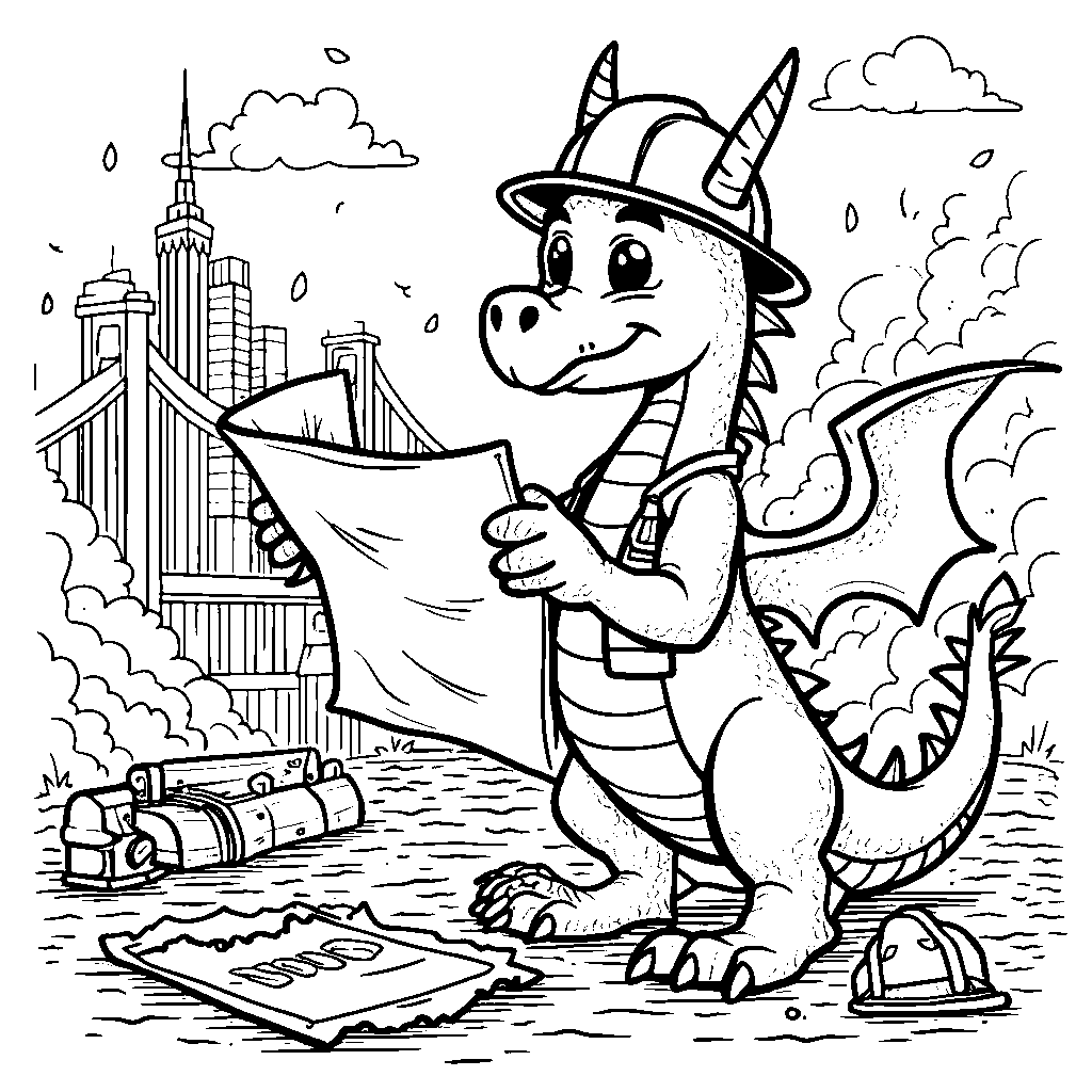 A dragon wearing a hard hat and building a bridge