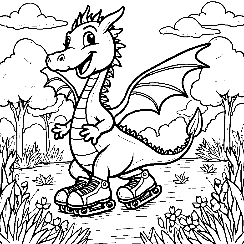 Dragon wearing roller skates and gliding through a park