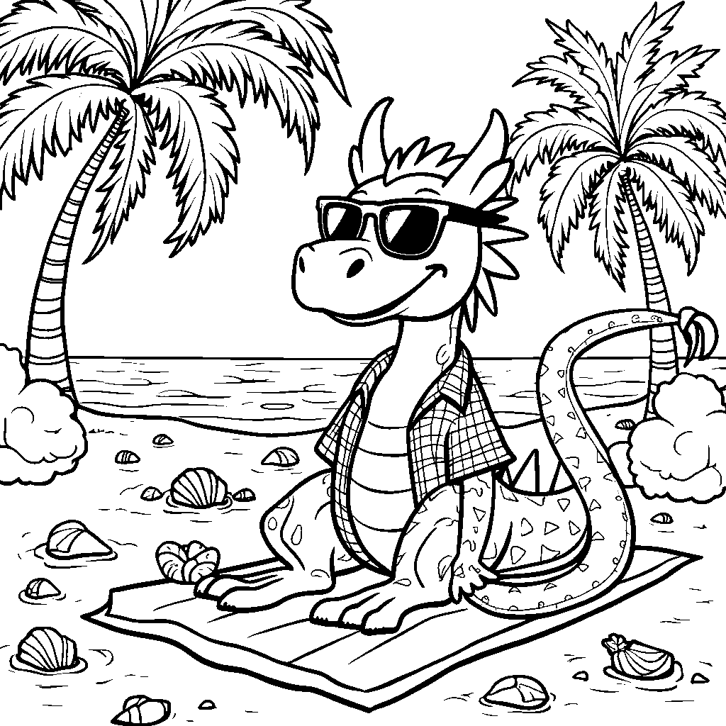 Dragon wearing sunglasses and a Hawaiian shirt on a beach vacation