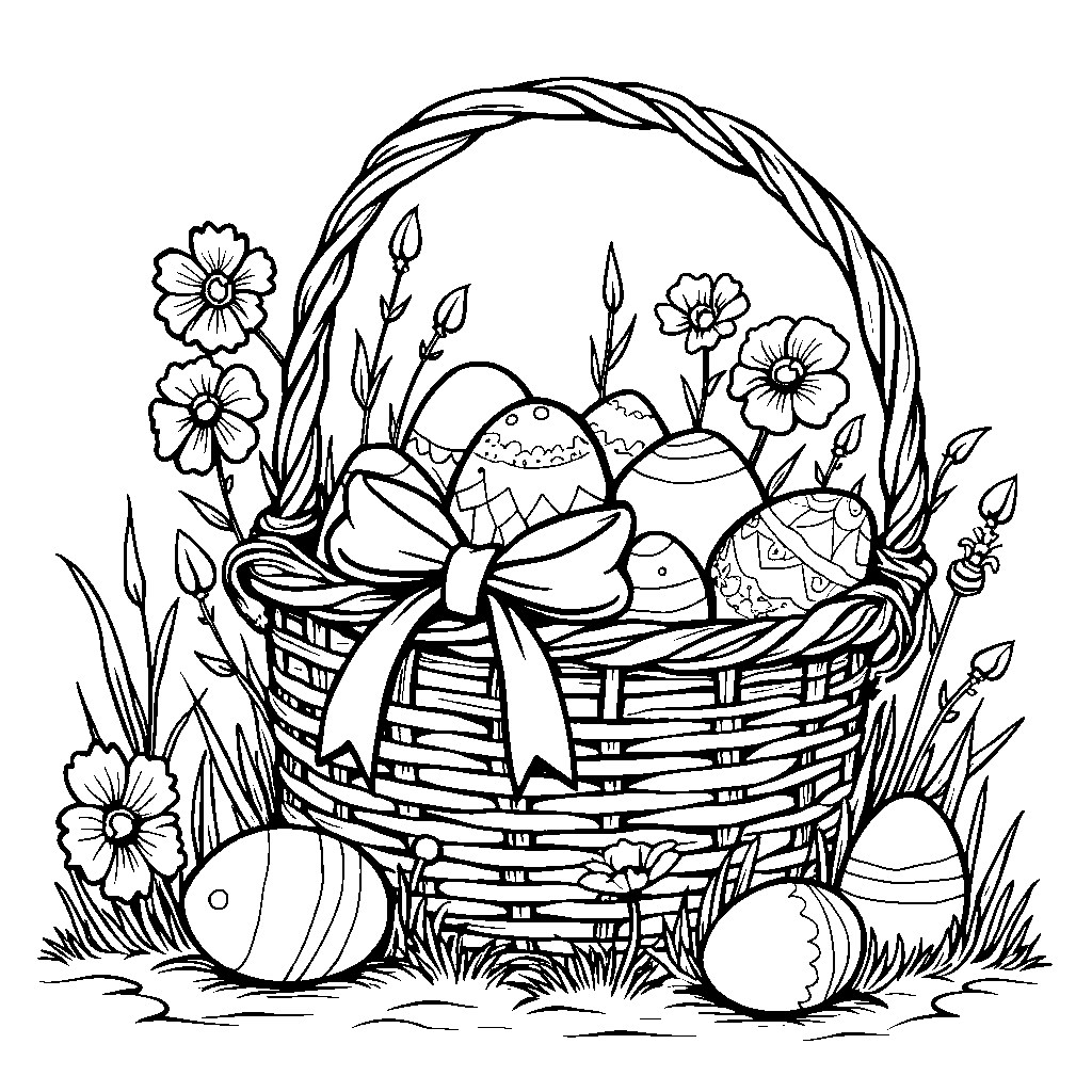 A basket of Easter eggs with a ribbon tied around it