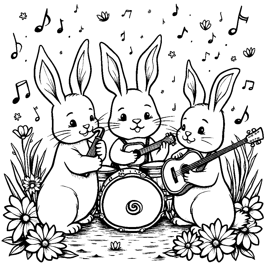 A group of bunnies playing musical instruments