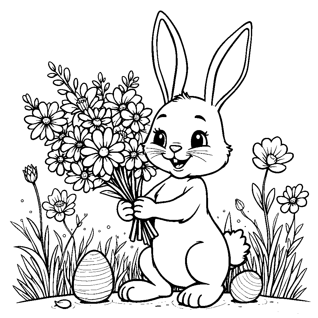 Bunny giving a bouquet of Easter flowers