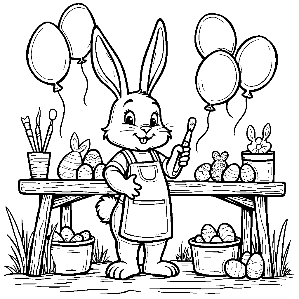 Bunny making Easter eggs in a workshop