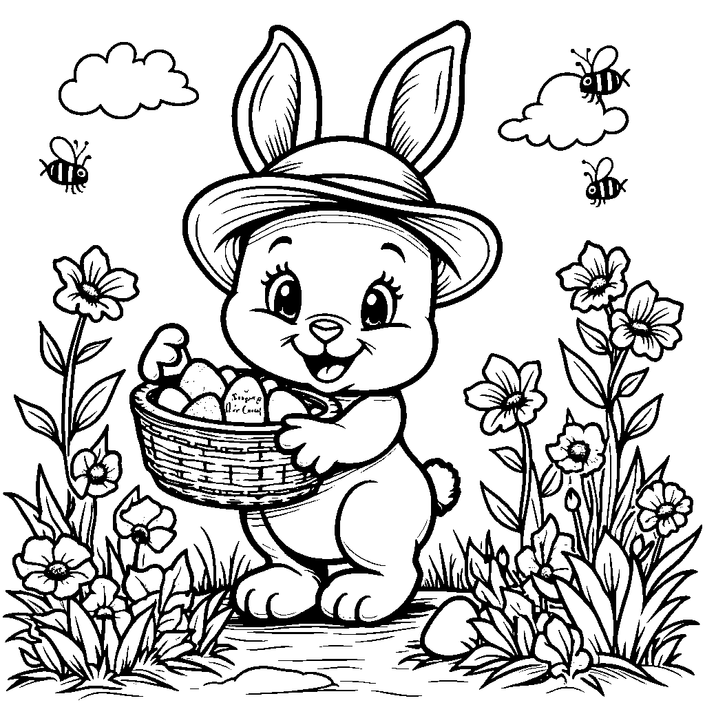 Bunny planting Easter eggs in a garden