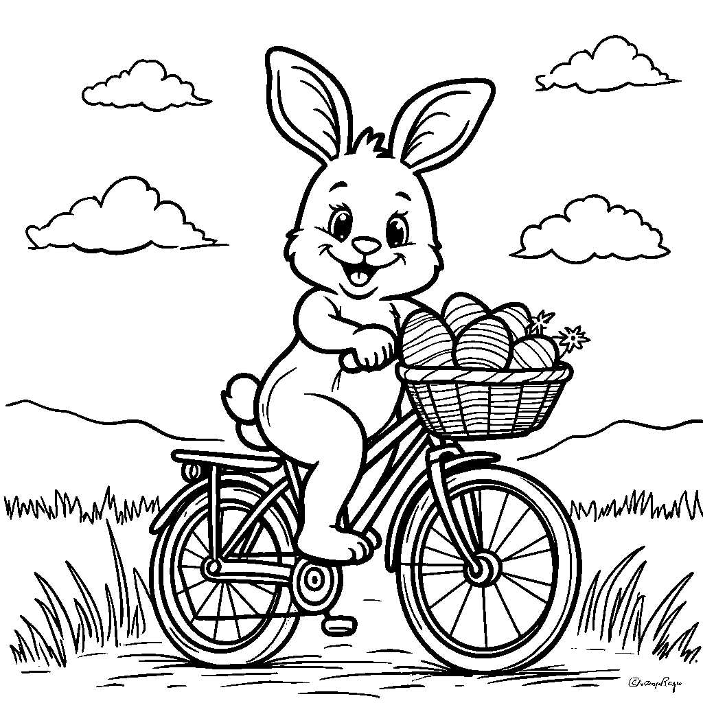 Bunny riding a bike with a basket full of eggs