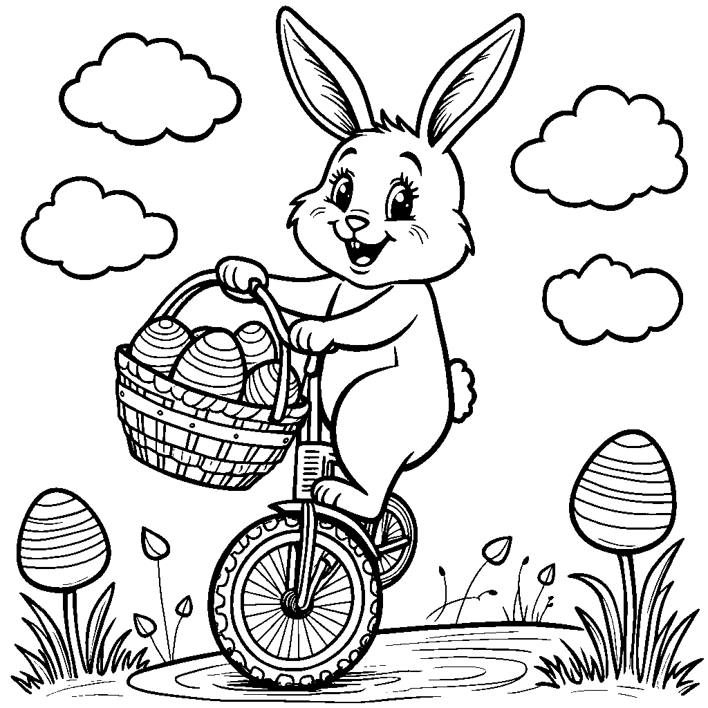 Bunny riding a unicycle with Easter eggs