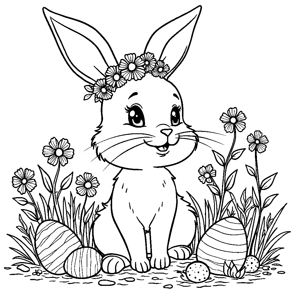 Bunny wearing a crown made of Easter eggs