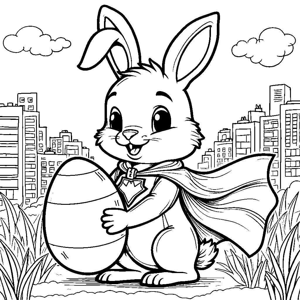 Bunny wearing a superhero cape and holding an egg