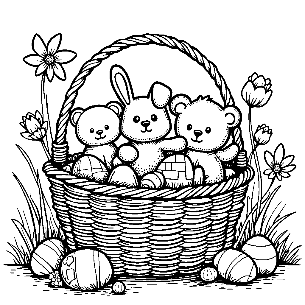 Easter basket filled with stuffed animals and toys