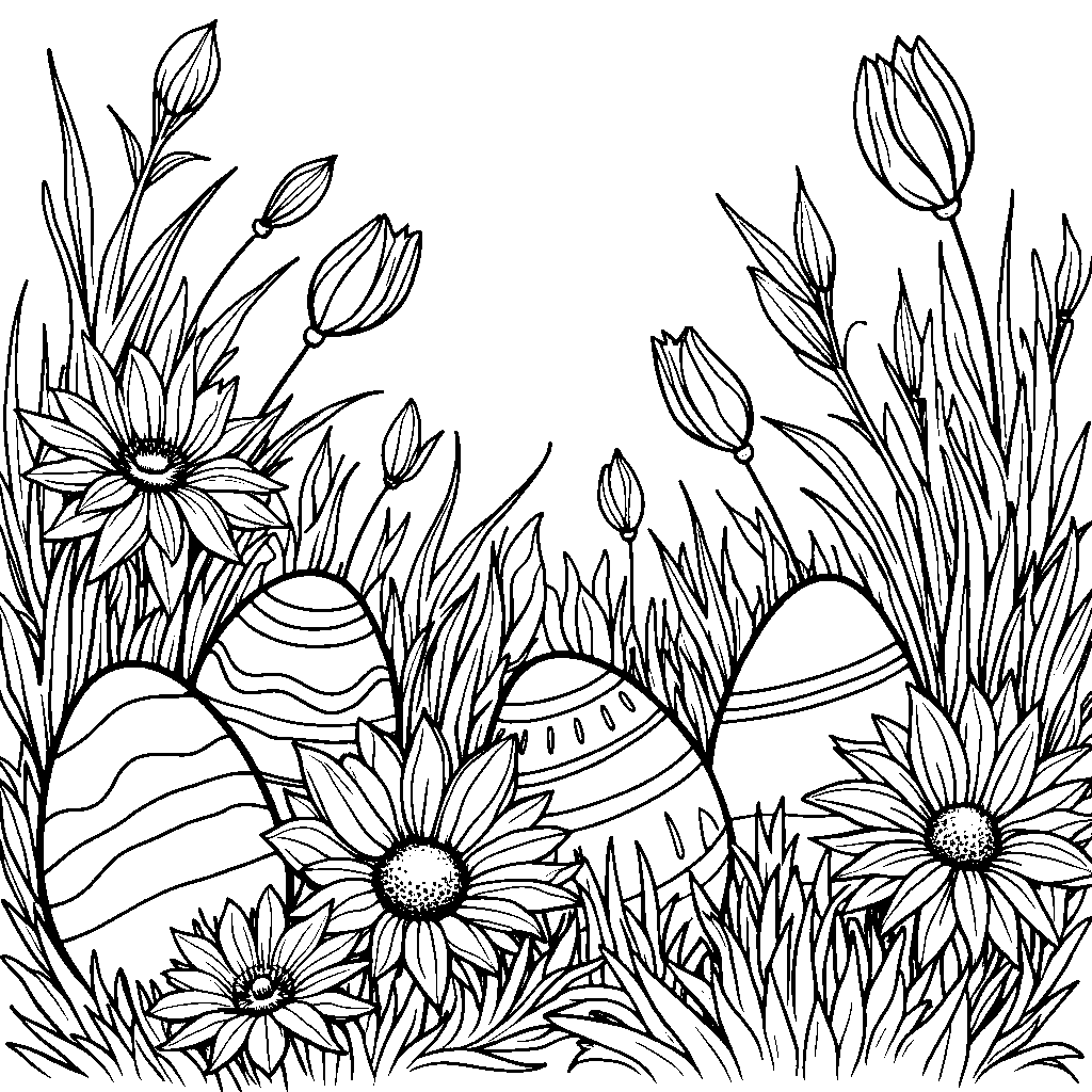 Easter eggs hidden behind flowers and leaves