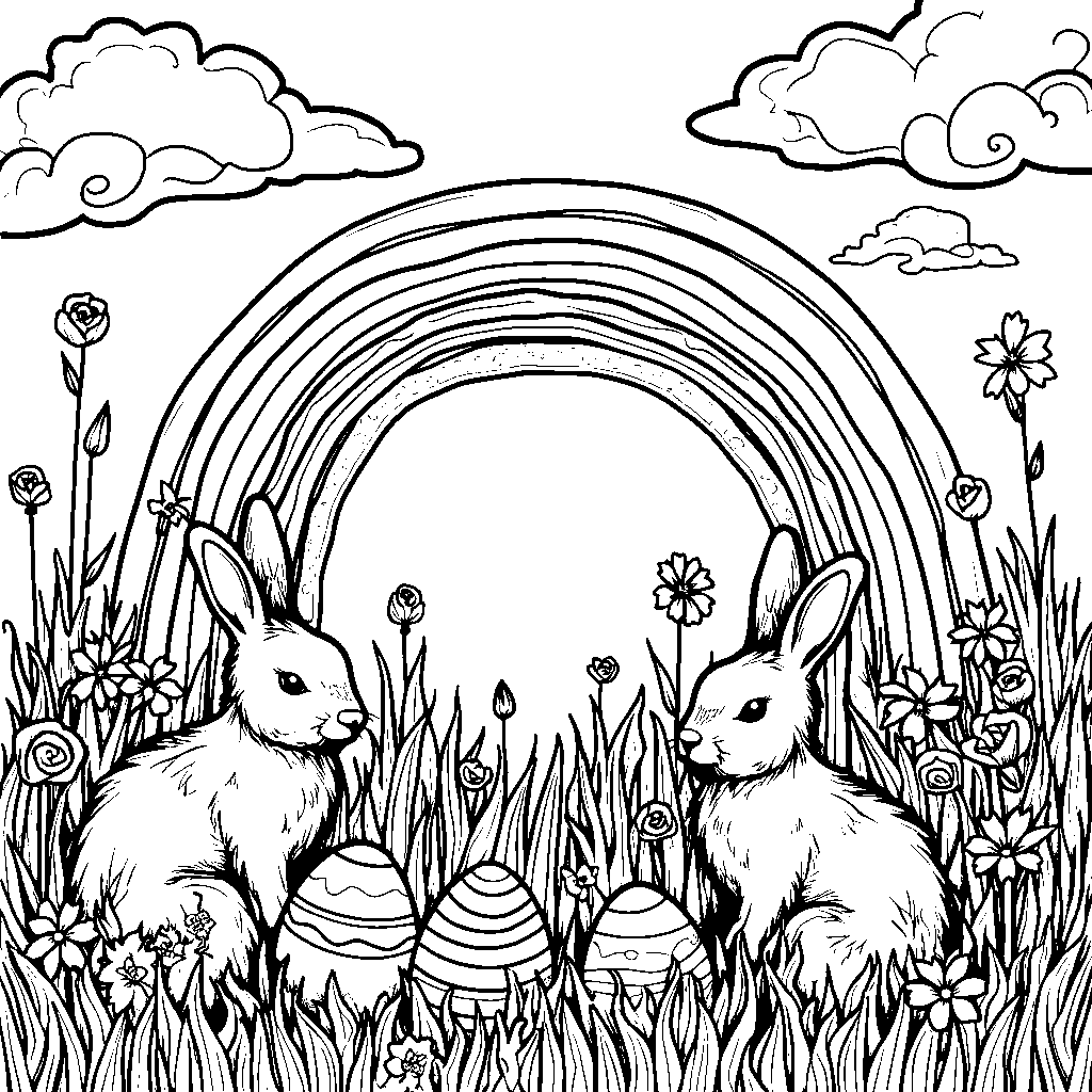 Easter scene with a rainbow-colored sky