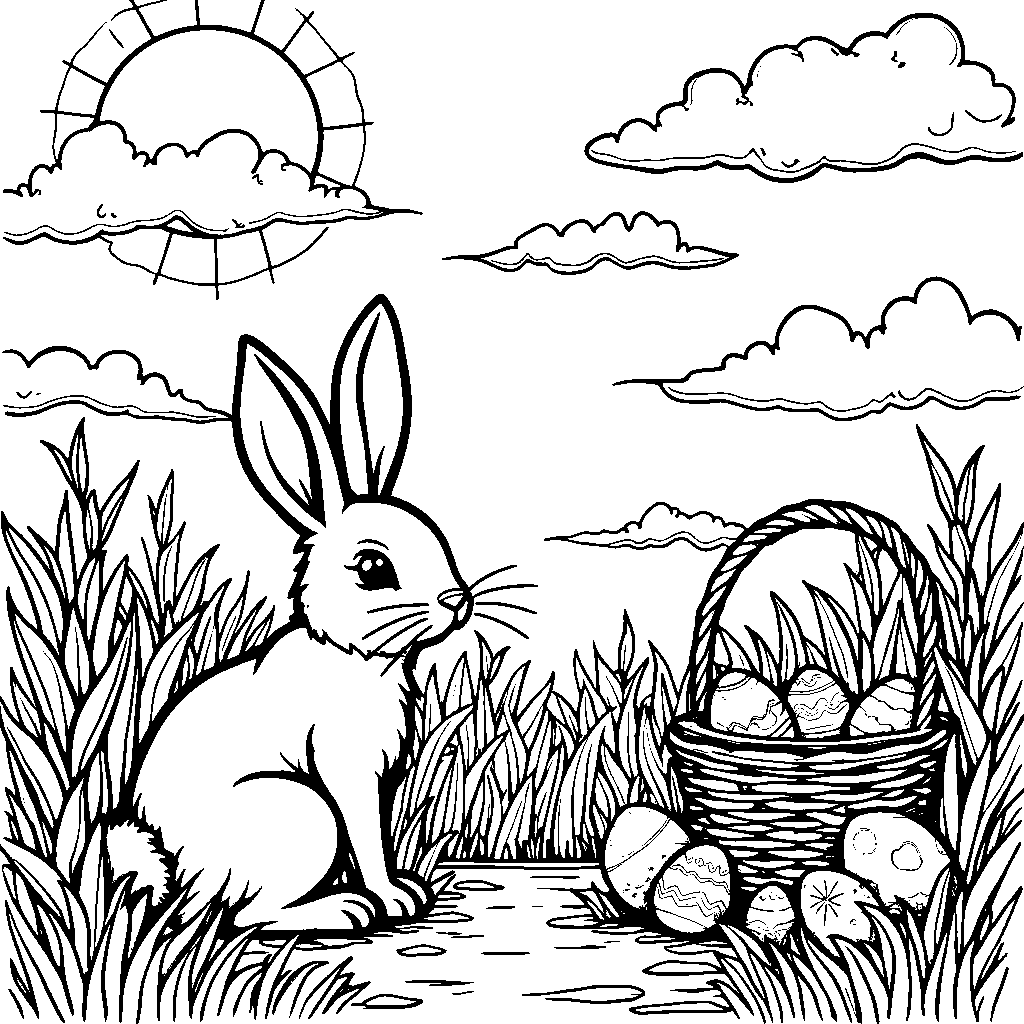 Easter scene with a sunny sky and fluffy clouds