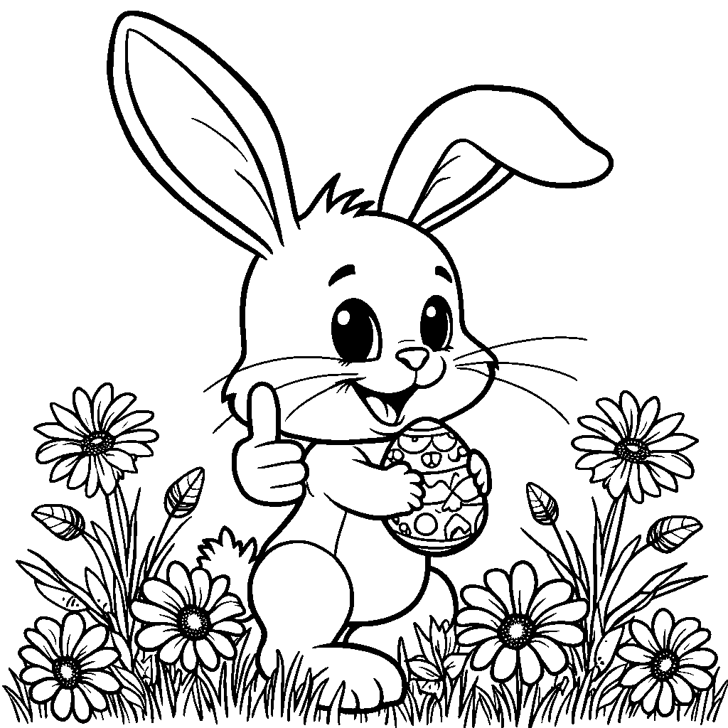 A bunny holding an Easter egg and giving a thumbs up