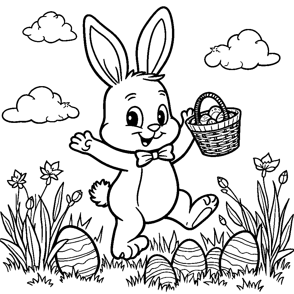 A bunny jumping over Easter eggs