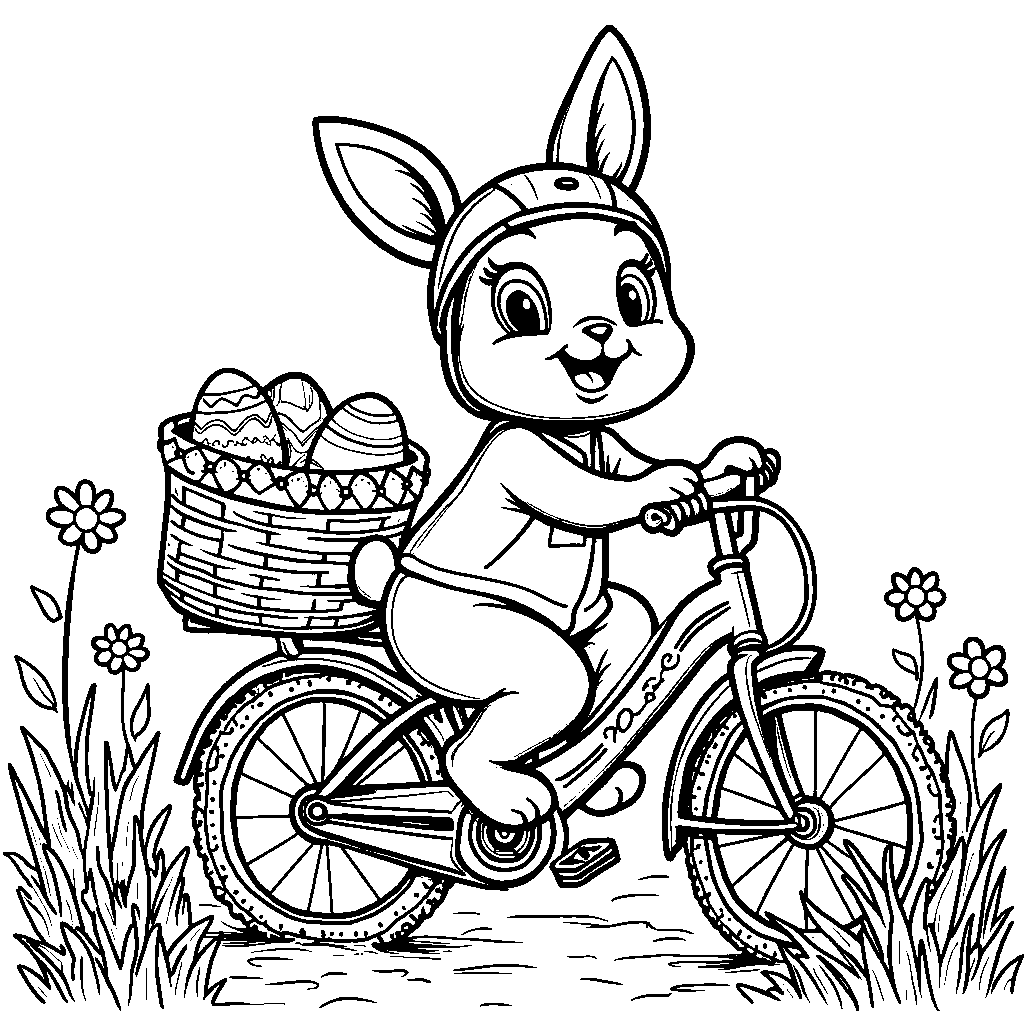 A bunny riding a bike with a basket of Easter eggs