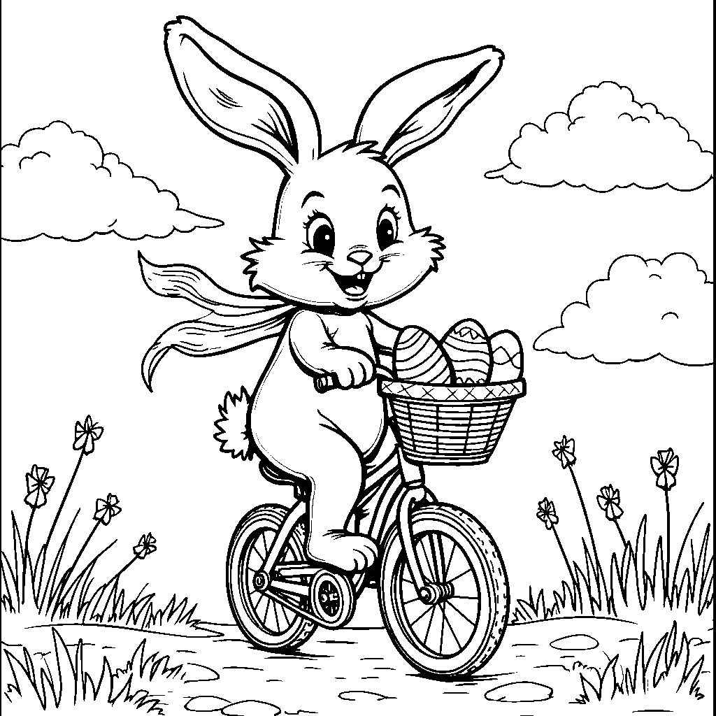 A bunny riding a unicycle with Easter eggs