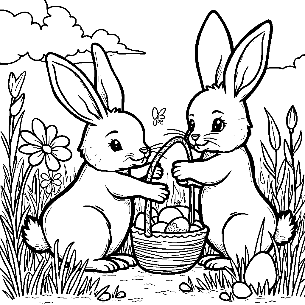 A group of bunnies having an Easter egg hunt