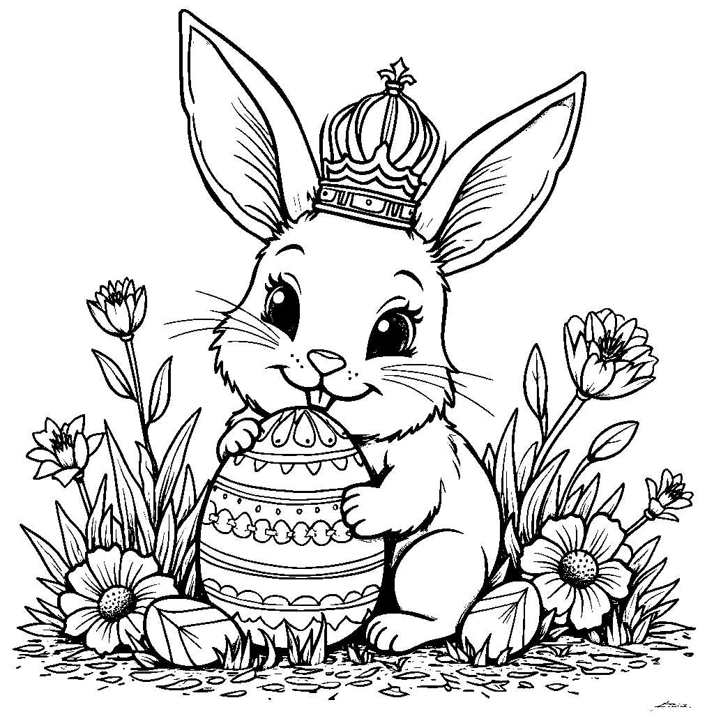 A bunny wearing a crown and holding an Easter egg