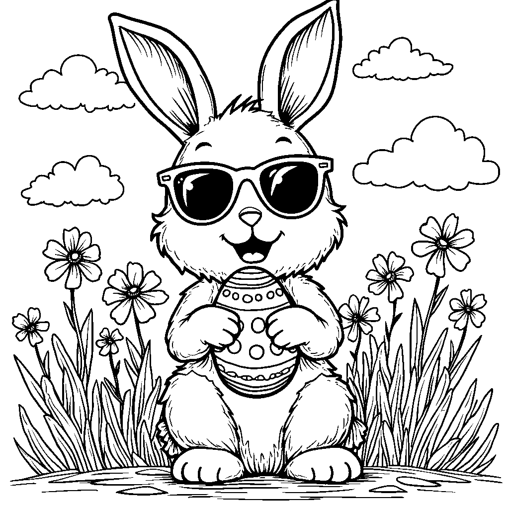 A bunny wearing sunglasses and holding an Easter egg