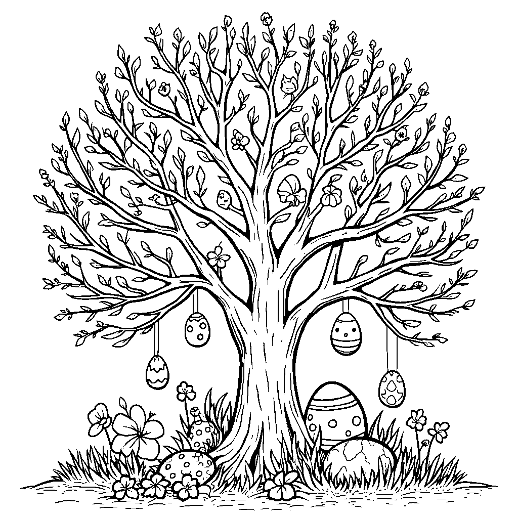 A Easter egg tree with eggs hanging from branches