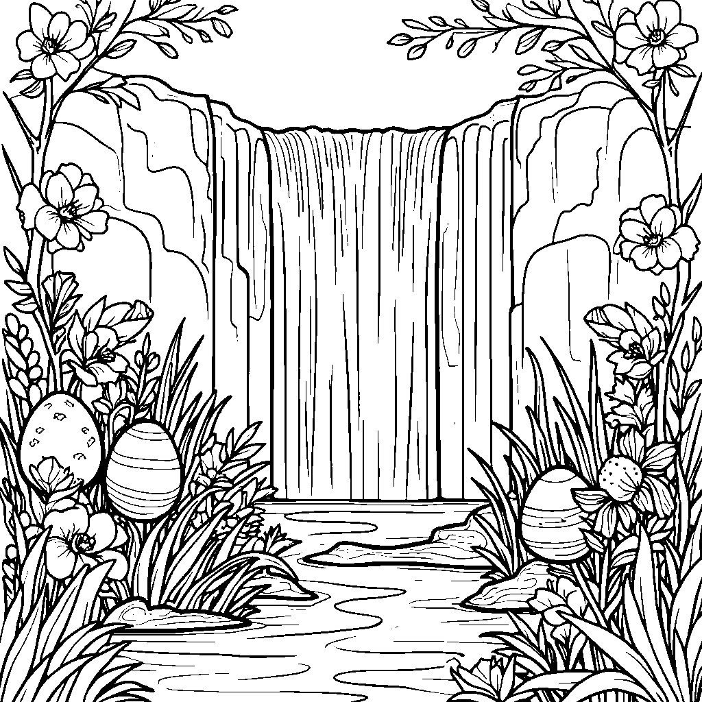 Easter eggs hidden behind a waterfall