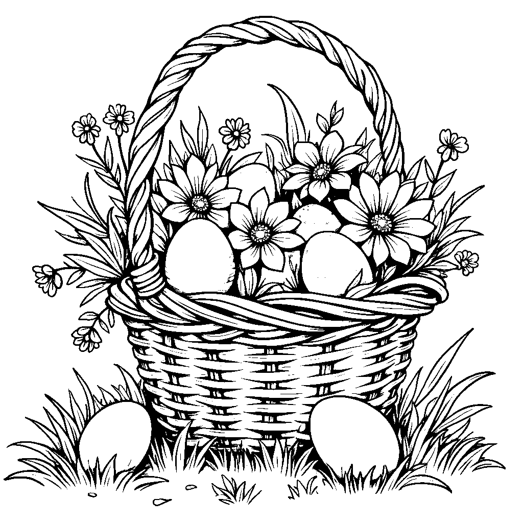 Easter eggs hidden in a basket of flowers